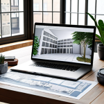 **

Prompt: Architectural design studio, blueprints spread across a table, computer screen displaying 3D model of a building, natural light, plants, creative atmosphere.

**