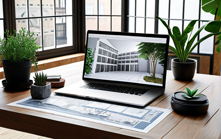 **
Prompt: Architectural design studio, blueprints spread across a table, computer screen displaying 3D model of a building, natural light, plants, creative atmosphere.
**